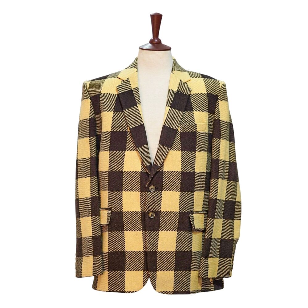 Mens Wool Sport Coat 44R Beige Brown Buffalo Plaid Blazer 2 Button Heritage